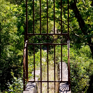 Grille en fer forgé barrant l'accès à un pont en pierres qui s'enfonce dans la nature - France  - collection de photos clin d'oeil, catégorie rues